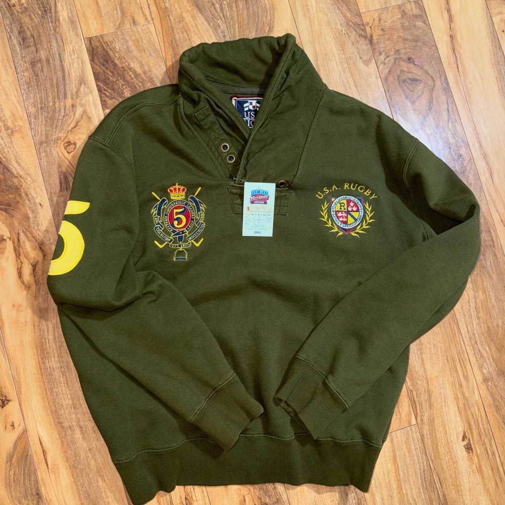 USA Rugby Shawl Neck Sweatshirt Mens 3XL Olive Green Excellent Embroidered Crest